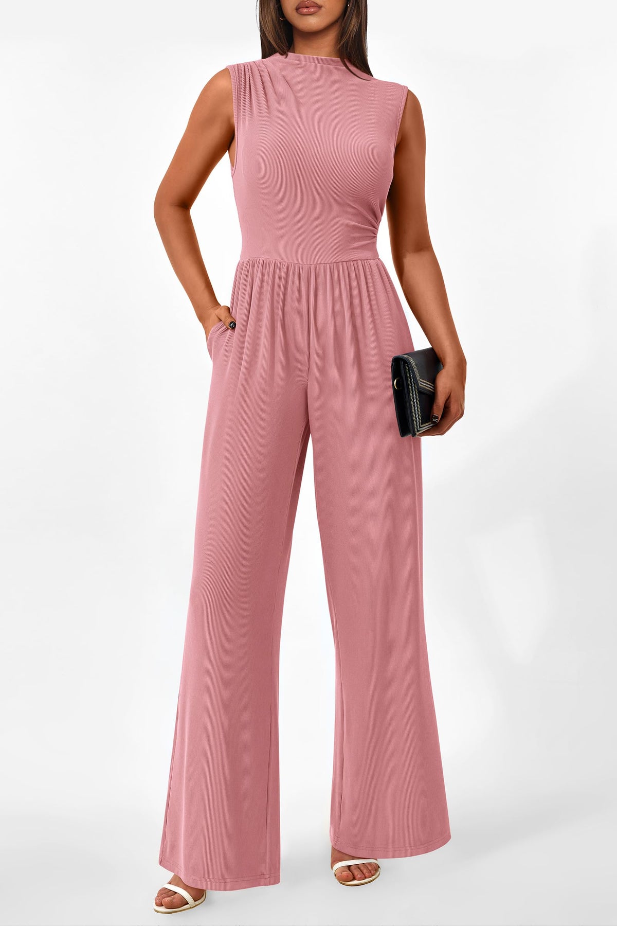 Summer One Piece Sleeveless Mock Neck Wide Leg Pants Rompers With Pockets