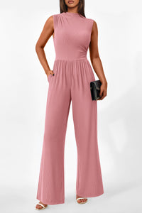 Sleeveless Mock Neck Wide Leg Jumpsuits With Pockets