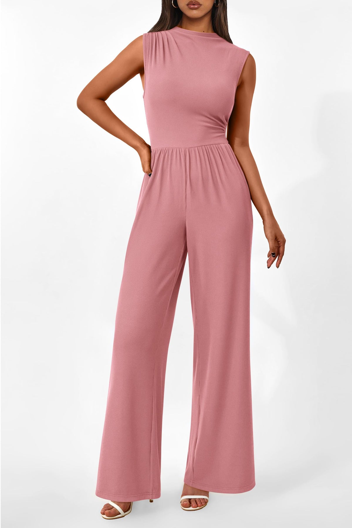 Summer One Piece Sleeveless Mock Neck Wide Leg Pants Rompers With Pockets