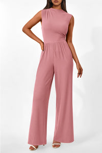 Sleeveless Mock Neck Wide Leg Jumpsuits With Pockets