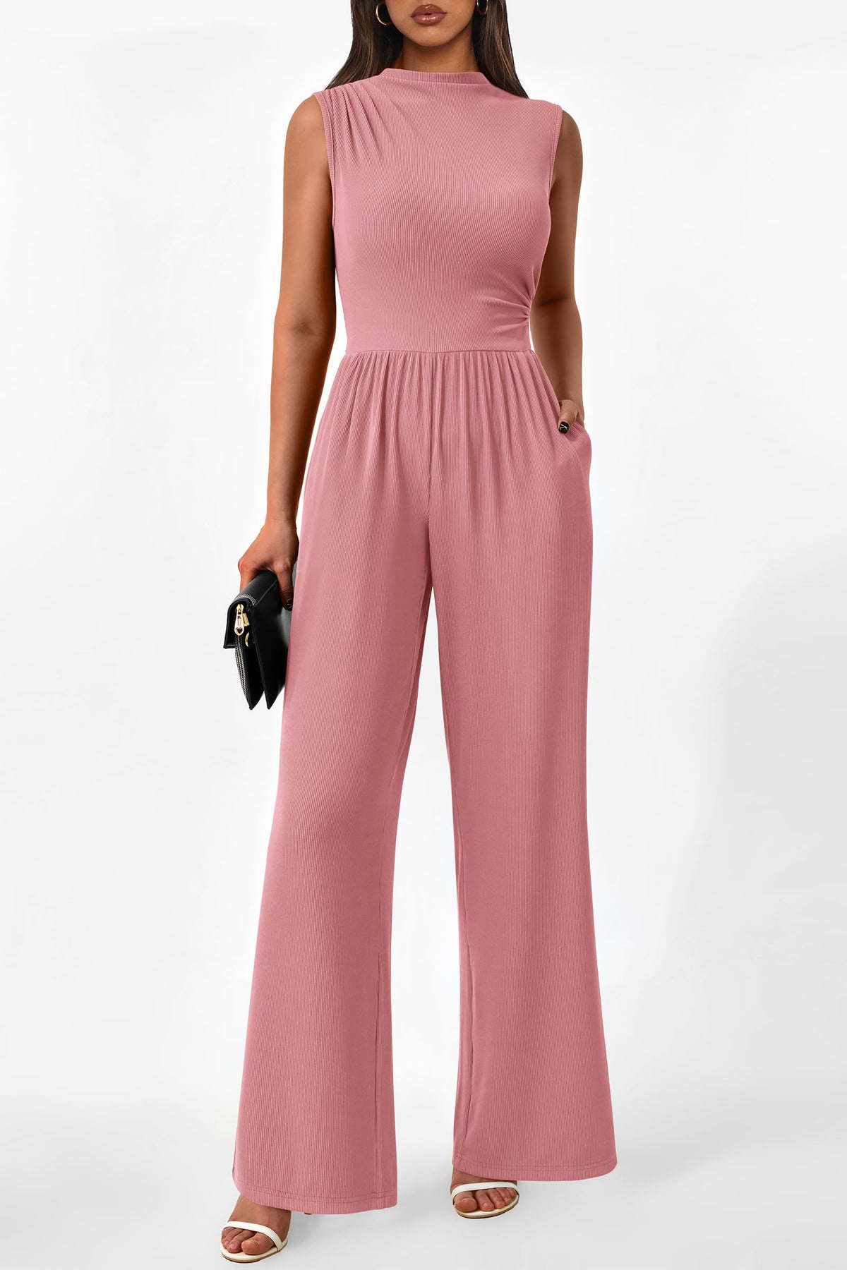 Sleeveless Mock Neck Wide Leg Jumpsuits With Pockets