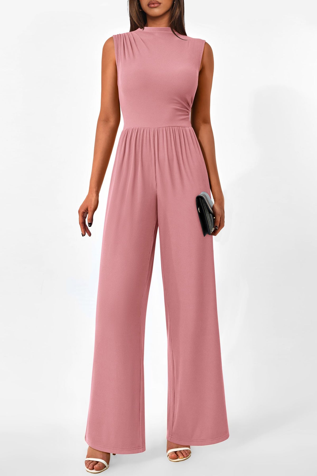 Summer One Piece Sleeveless Mock Neck Wide Leg Pants Rompers With Pockets