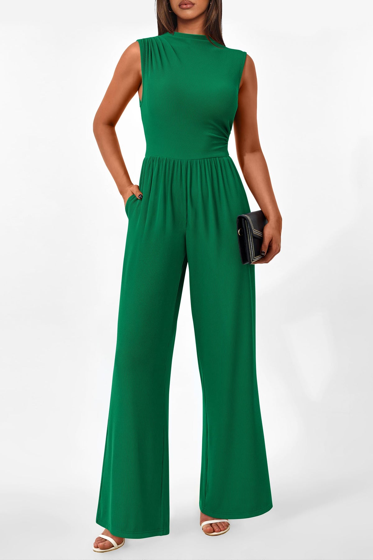 Summer One Piece Sleeveless Mock Neck Wide Leg Pants Rompers With Pockets