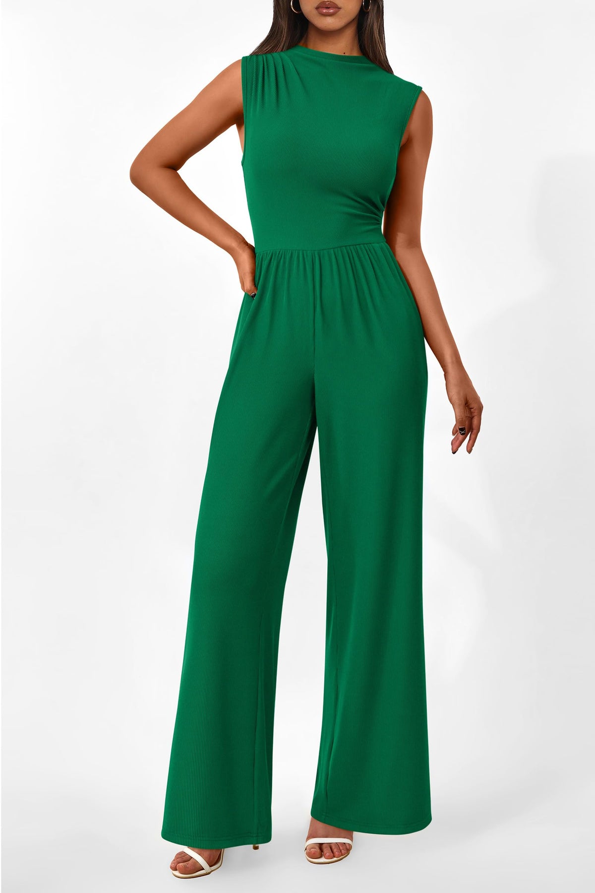 Sleeveless Mock Neck Wide Leg Jumpsuits With Pockets