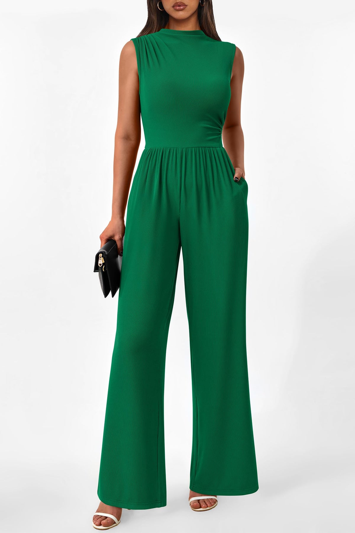 Sleeveless Mock Neck Wide Leg Jumpsuits With Pockets