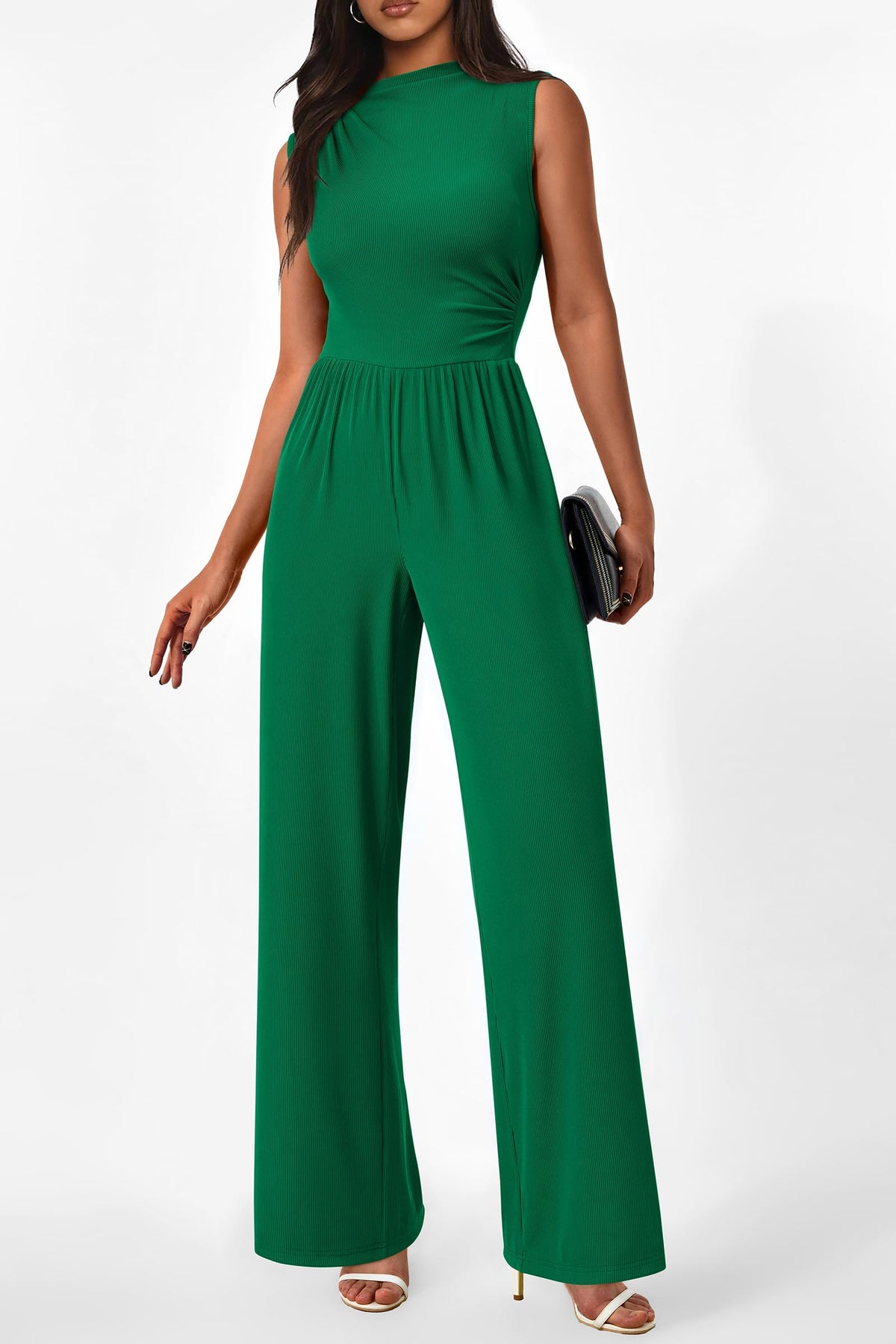 Sleeveless Mock Neck Wide Leg Jumpsuits With Pockets