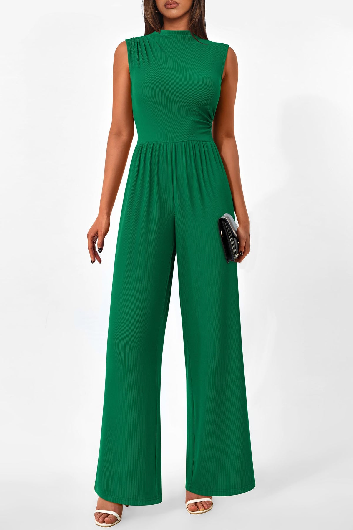 Sleeveless Mock Neck Wide Leg Jumpsuits With Pockets