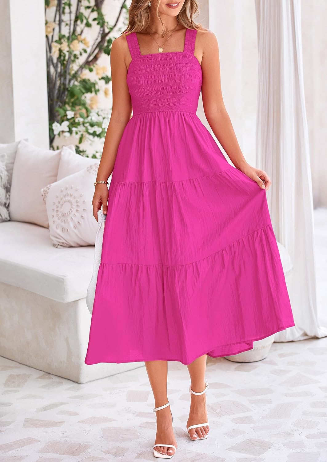 Womens Smocked Summer  Ruffle A Line Long Flowy Dresses Cute Sleeveless Beach Sundress Midi Dress