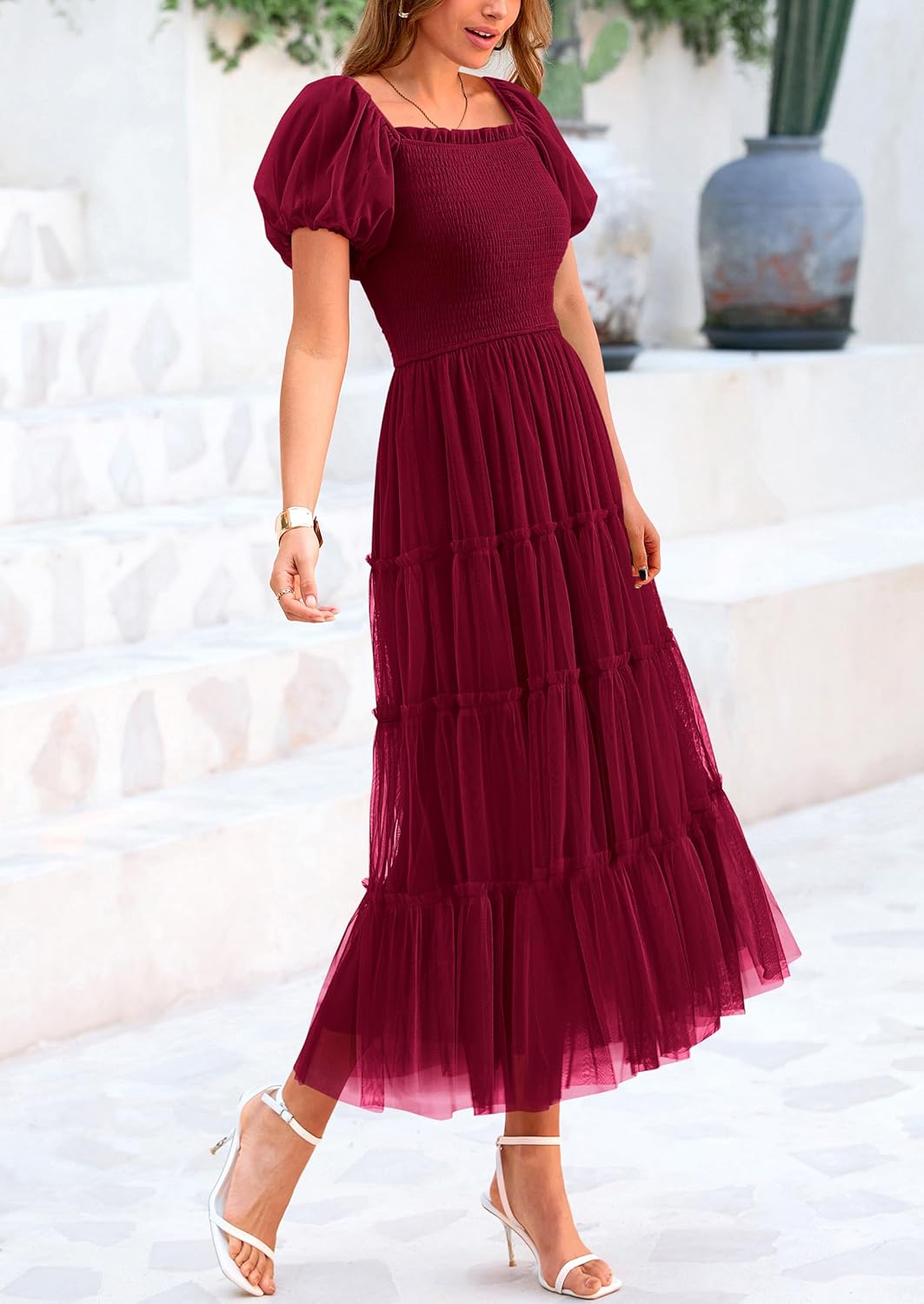 Women's Smocked Midi Tulle Dress 2025 Summer Puffy Short Sleeve Square Neck Ruffle Wedding Guest Party Dresses