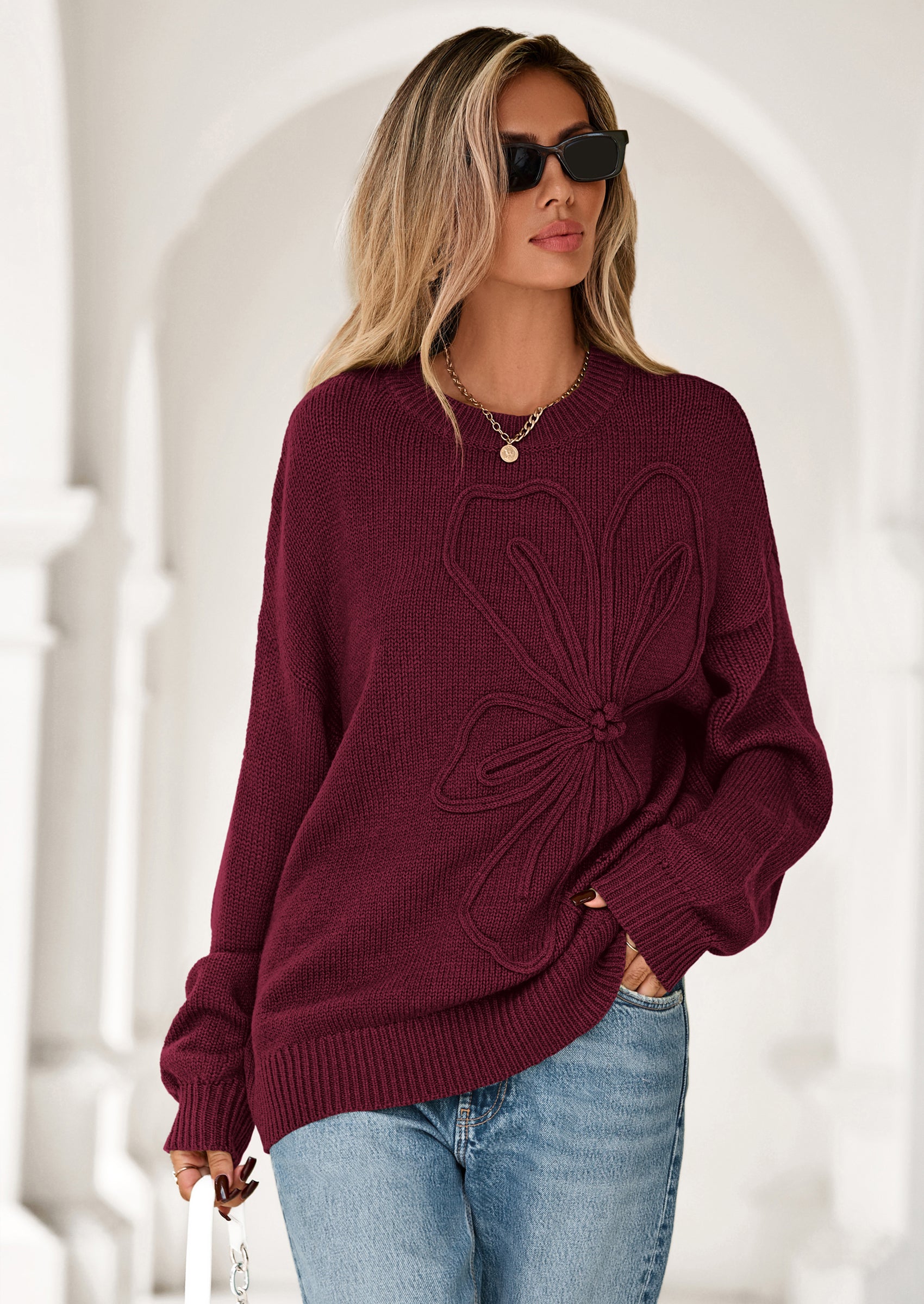 PRETTYGARDEN Womens Sweaters Fall Fashion Long Sleeve Crewneck Floral Knit Pullover Sweater Tops Winter Clothes