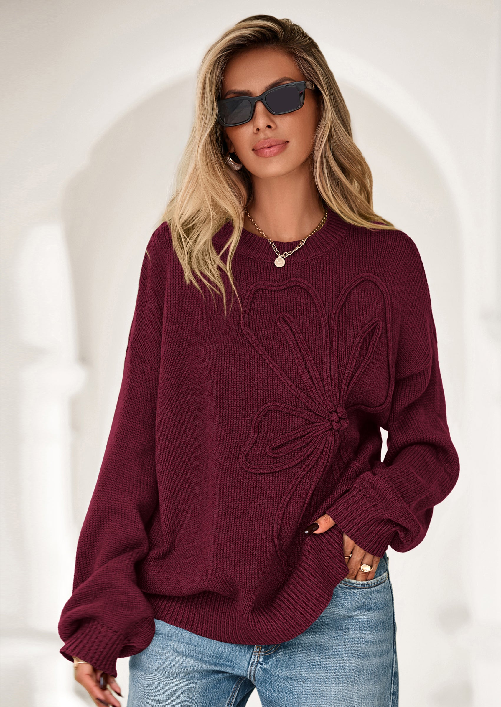 PRETTYGARDEN Womens Sweaters Fall Fashion Long Sleeve Crewneck Floral Knit Pullover Sweater Tops Winter Clothes