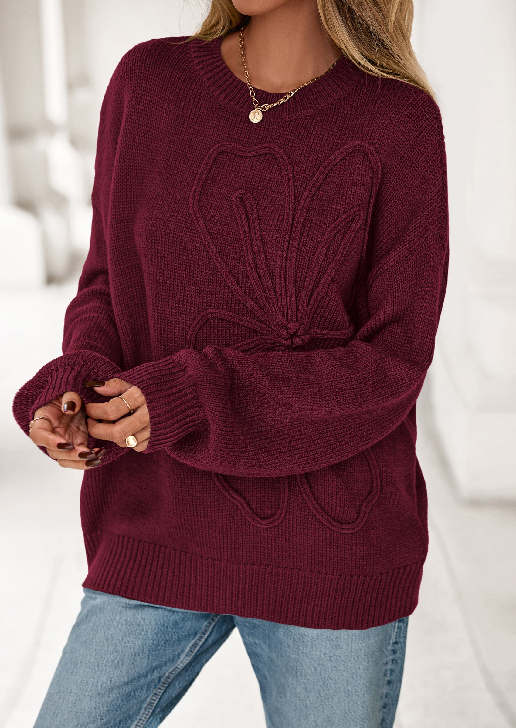 PRETTYGARDEN Womens Sweaters Fall Fashion Long Sleeve Crewneck Floral Knit Pullover Sweater Tops Winter Clothes