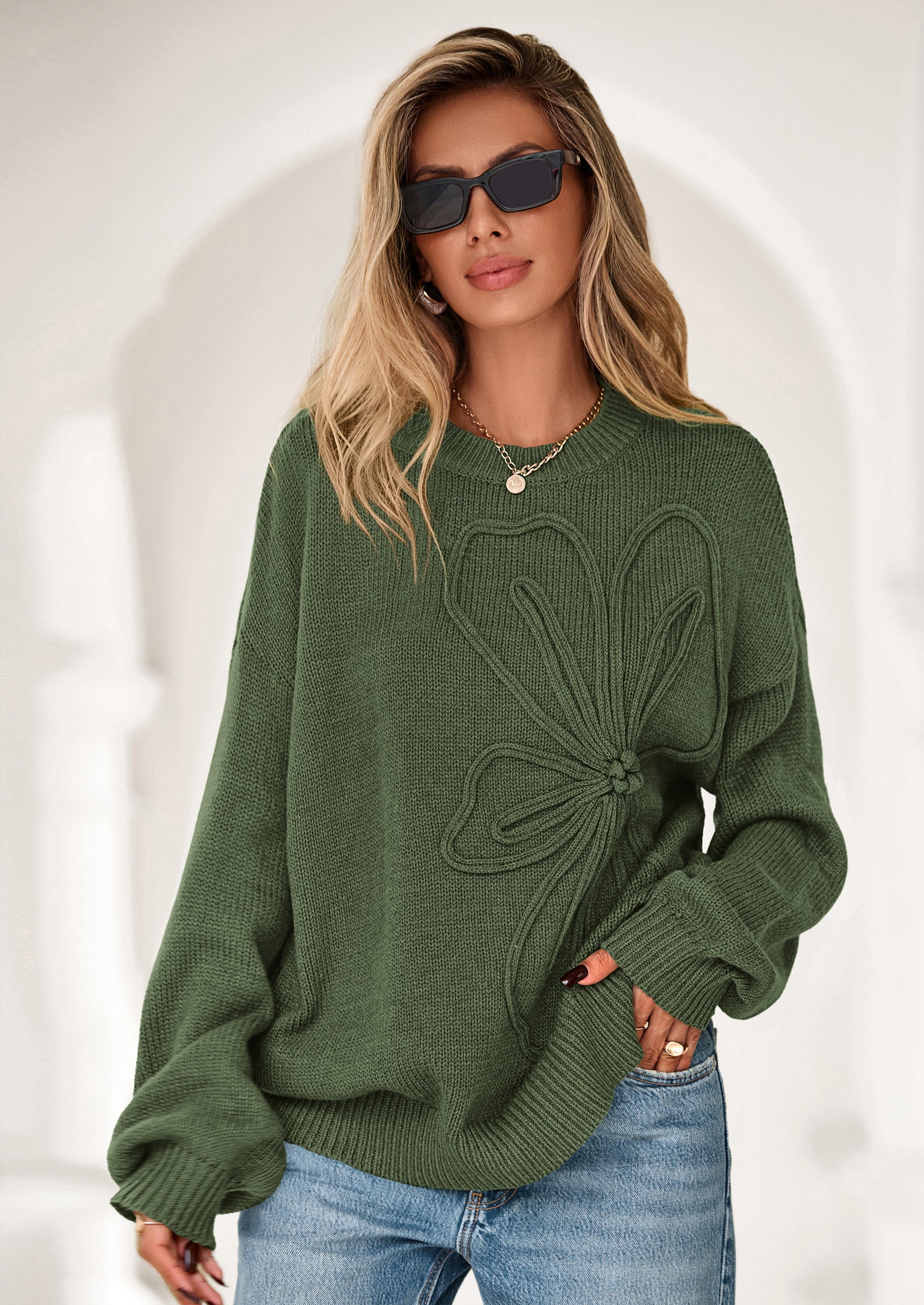 PRETTYGARDEN Womens Sweaters Fall Fashion Long Sleeve Crewneck Floral Knit Pullover Sweater Tops Winter Clothes