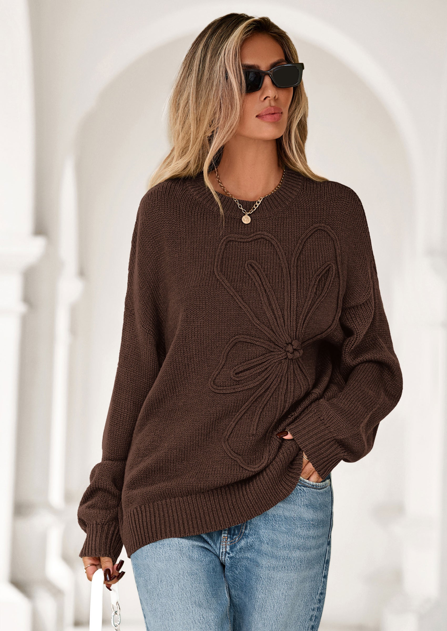 PRETTYGARDEN Womens Sweaters Fall Fashion Long Sleeve Crewneck Floral Knit Pullover Sweater Tops Winter Clothes