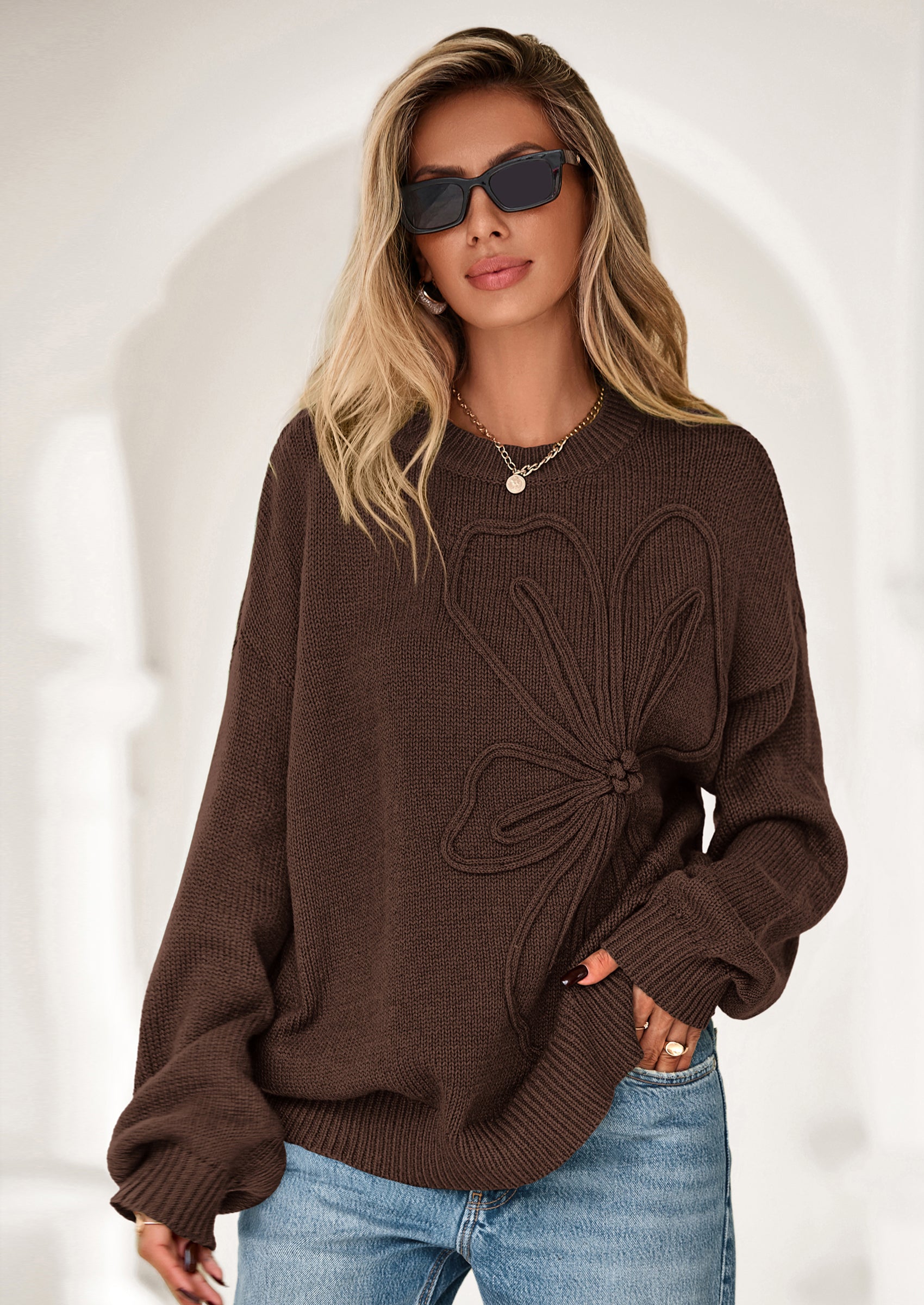 PRETTYGARDEN Womens Sweaters Fall Fashion Long Sleeve Crewneck Floral Knit Pullover Sweater Tops Winter Clothes