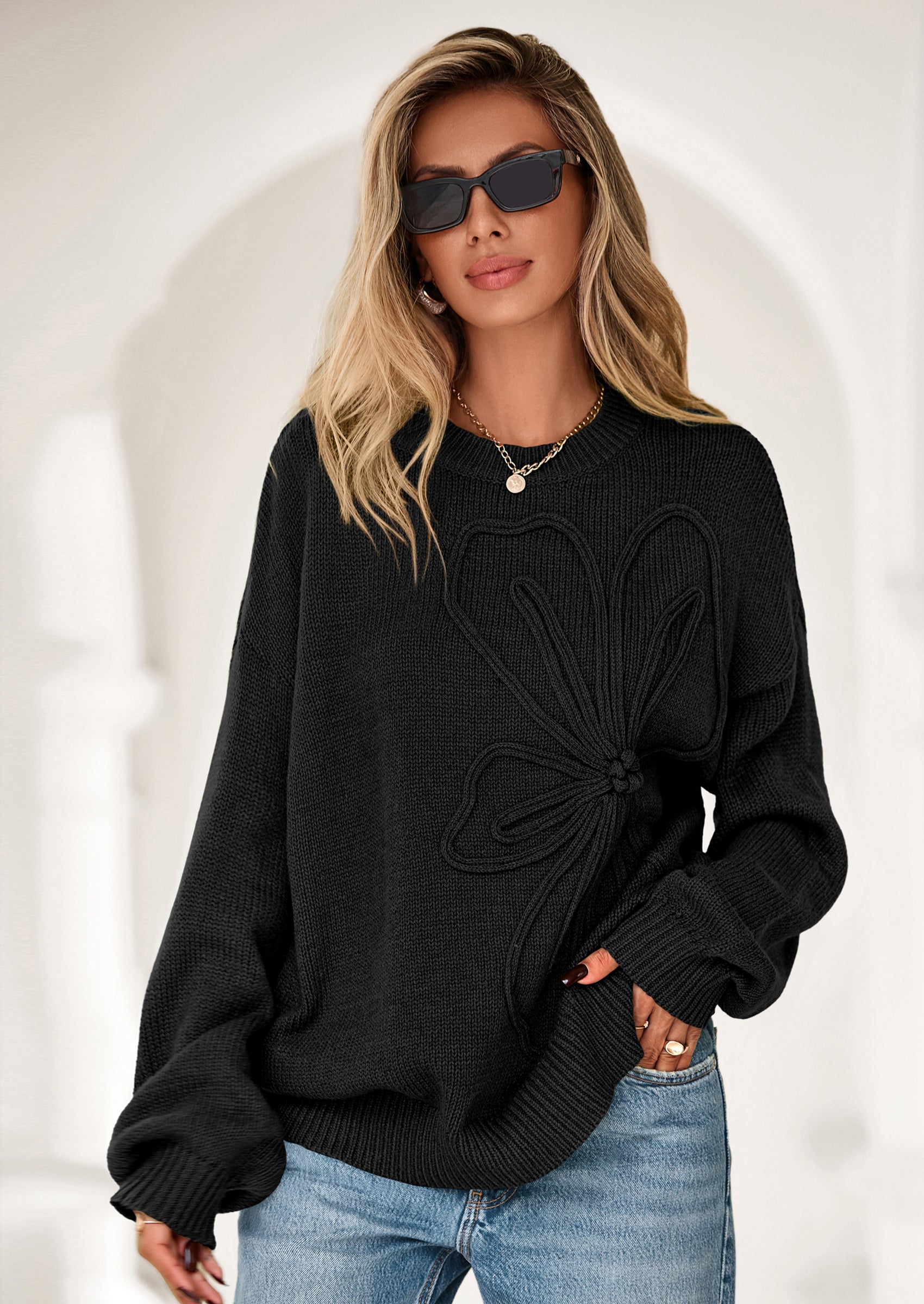 PRETTYGARDEN Womens Sweaters Fall Fashion Long Sleeve Crewneck Floral Knit Pullover Sweater Tops Winter Clothes