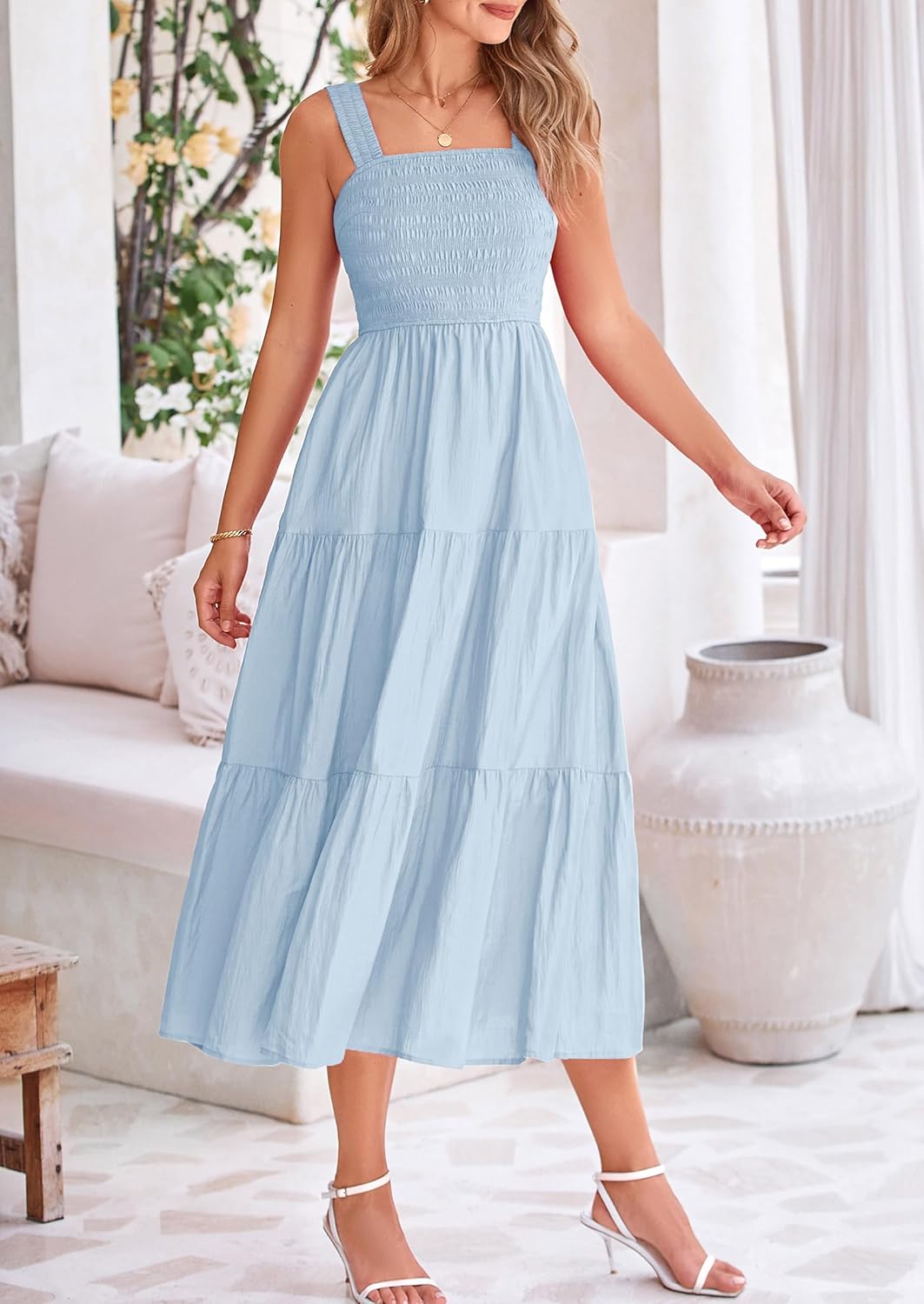 Womens Smocked Summer  Ruffle A Line Long Flowy Dresses Cute Sleeveless Beach Sundress Midi Dress