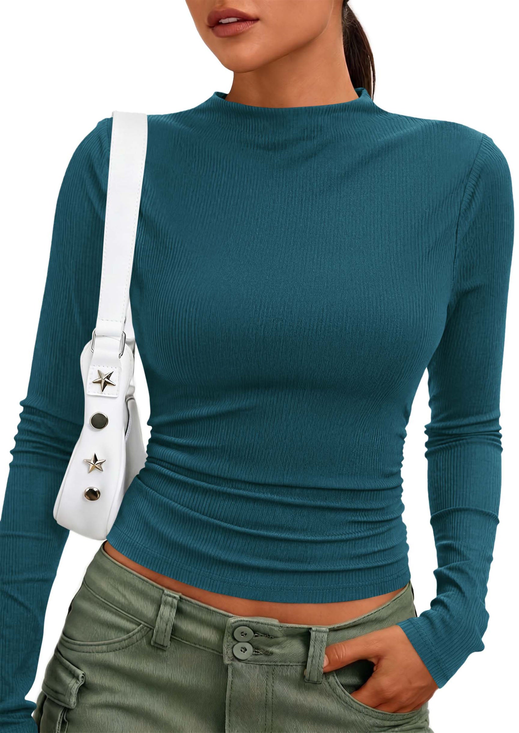 PRETTYGARDEN Womens Tops Casual Mock Neck Long Sleeve Shirts | Soft Stretchy Ribbed Knit, Ruched Slim Fit, Going Out Tops, Work, Date Outfits, Y2K Clothes, 2026 Fall Winter Basic Layering