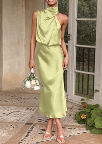 PRETTYGARDEN Women's Summer Satin Dress Elegant Sleeveless Mock Neck Cocktail Party Maxi Dresses