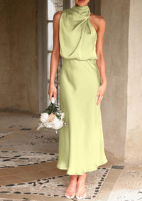 PRETTYGARDEN Women's Summer Satin Dress Elegant Sleeveless Mock Neck Cocktail Party Maxi Dresses