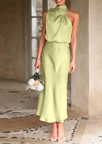 PRETTYGARDEN Women's Summer Satin Dress Elegant Sleeveless Mock Neck Cocktail Party Maxi Dresses