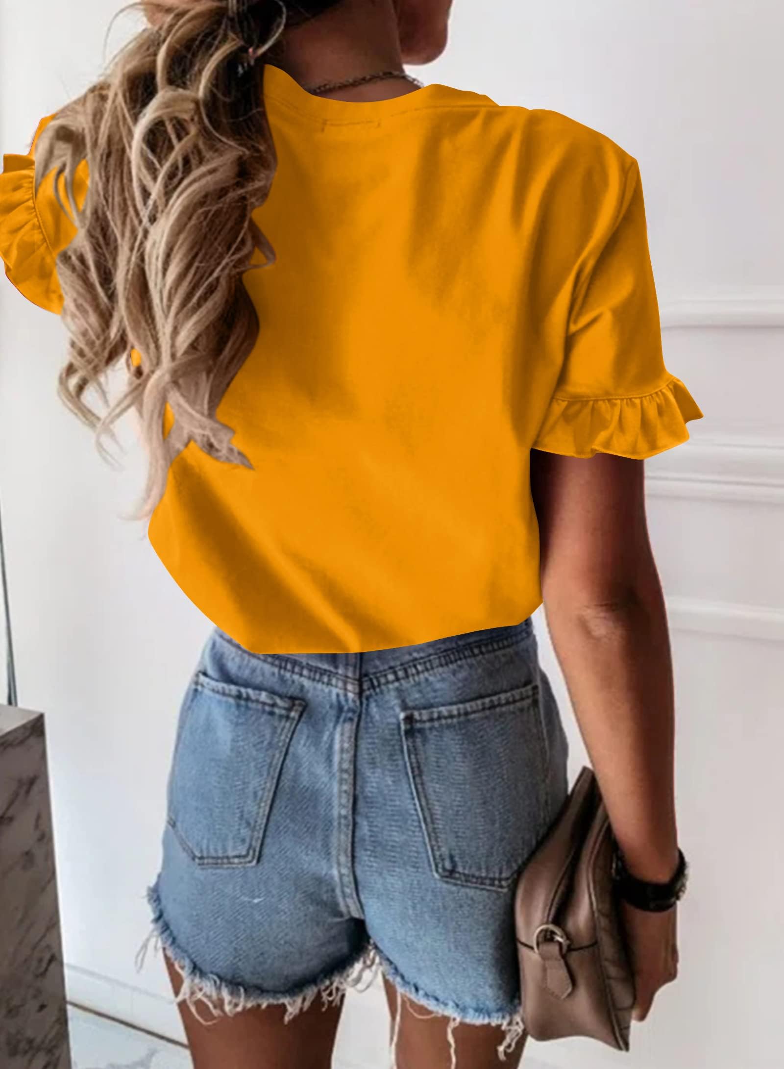 PRETTYGARDEN Women's Short Sleeve Casual T Shirts Summer Ruffle Plain Round Neck Loose Fit Tee Blouse Tops PRETTYGARDEN