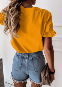 PRETTYGARDEN Women's Short Sleeve Casual T Shirts Summer Ruffle Plain Round Neck Loose Fit Tee Blouse Tops