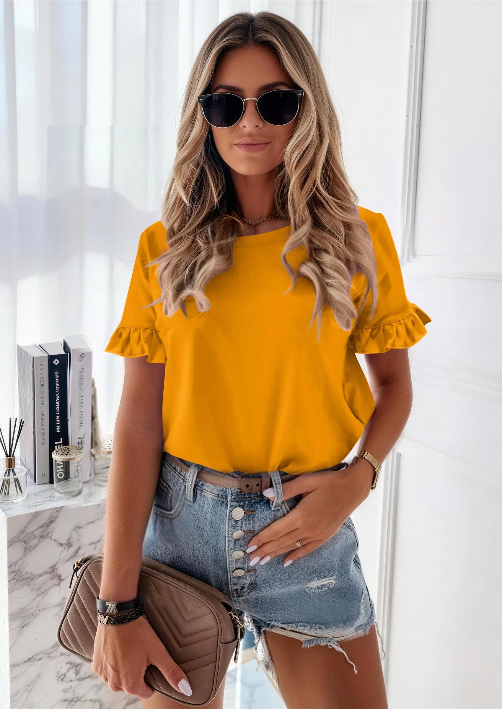 PRETTYGARDEN Women's Short Sleeve Casual T Shirts Summer Ruffle Plain Round Neck Loose Fit Tee Blouse Tops PRETTYGARDEN