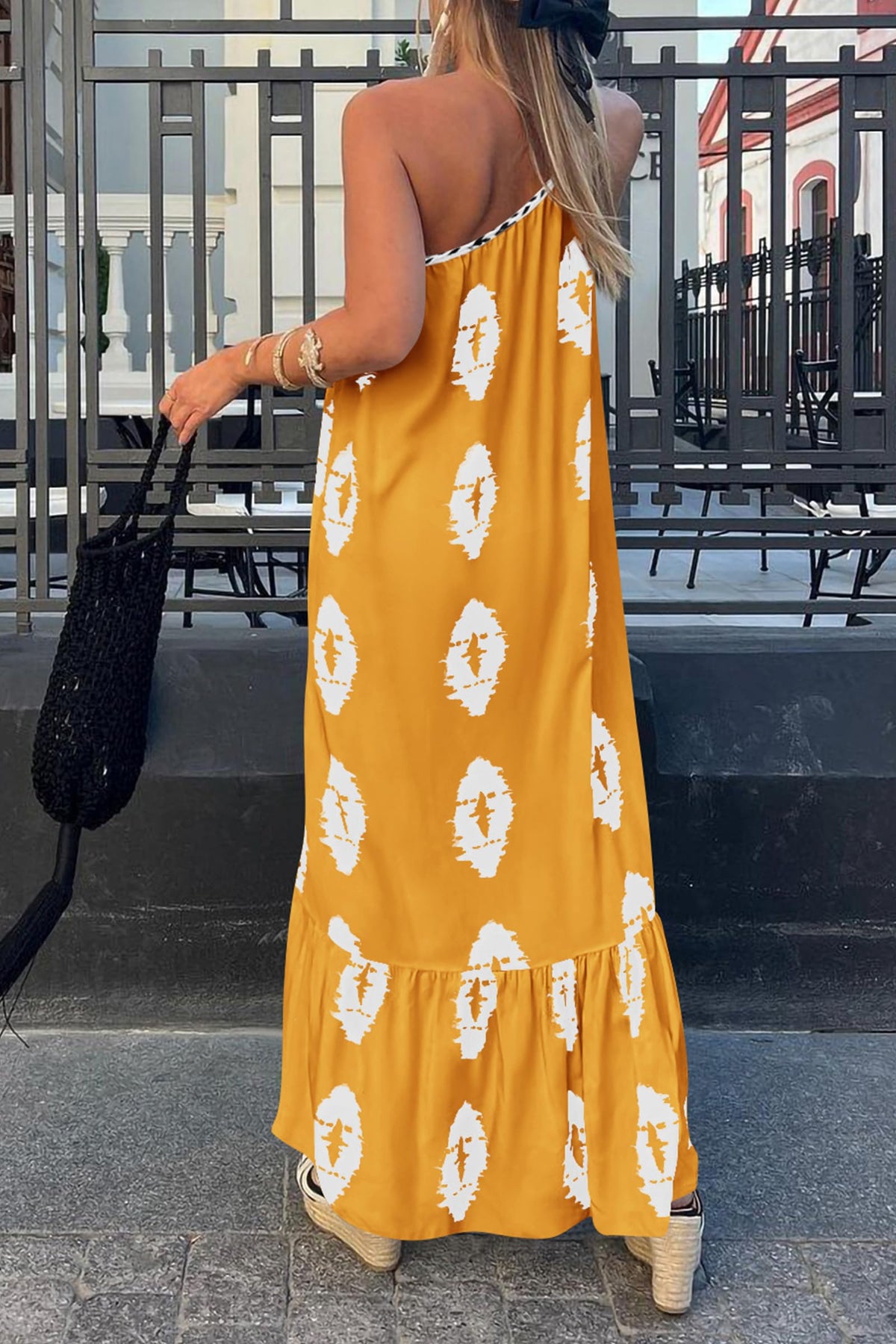 One Shoulder Spaghetti Strap Printed A Line Flowy Boho Maxi Long Sundress