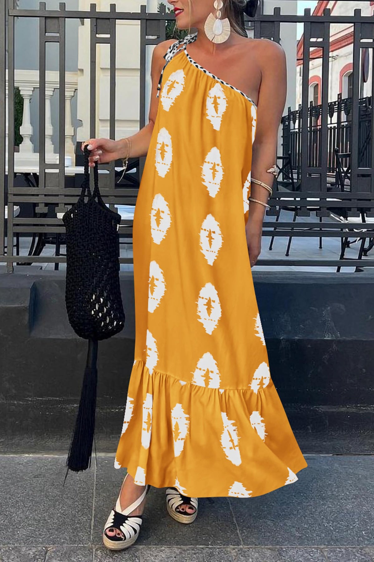 One Shoulder Spaghetti Strap Printed A Line Flowy Boho Maxi Long Sundress