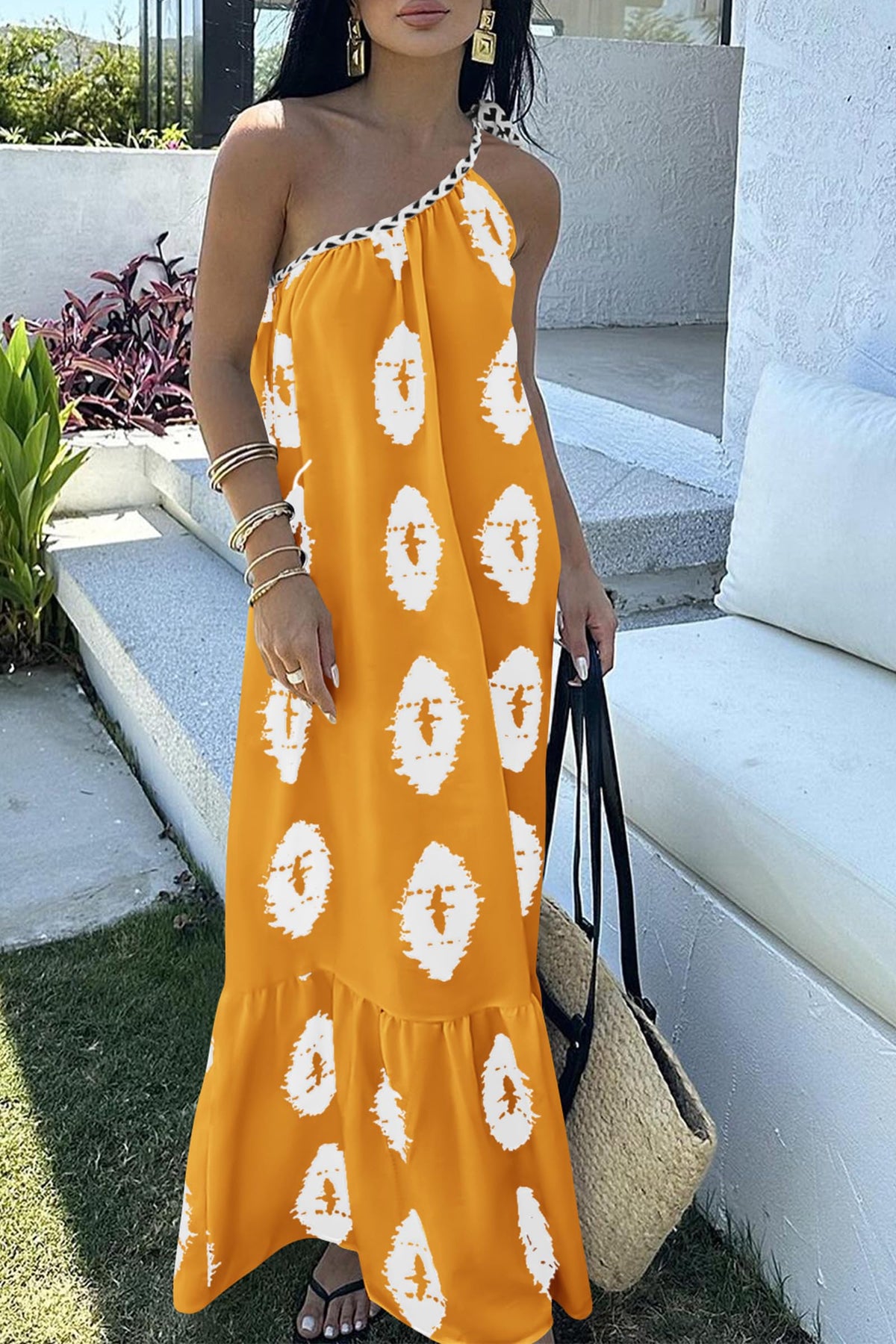 One Shoulder Spaghetti Strap Printed A Line Flowy Boho Maxi Long Sundress