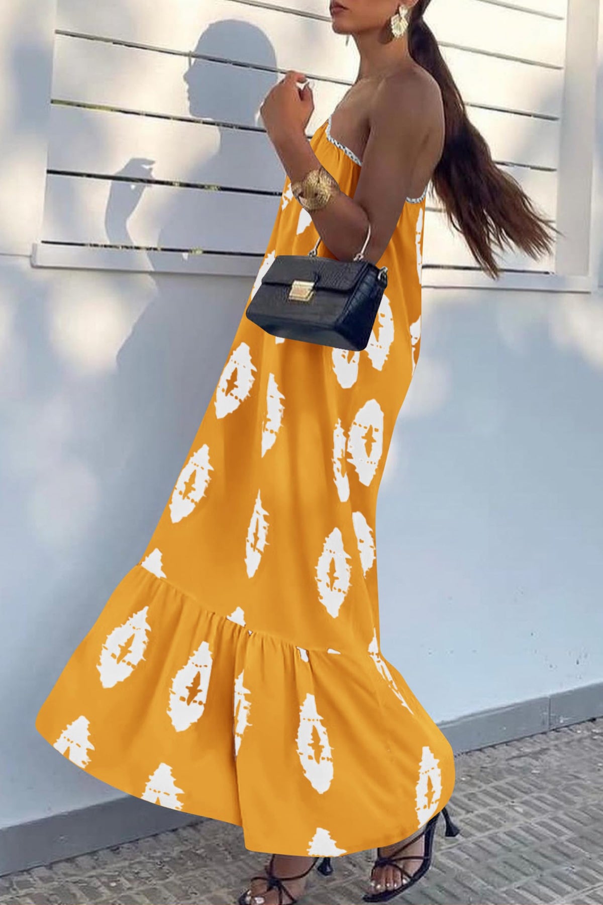 One Shoulder Spaghetti Strap Printed A Line Flowy Boho Maxi Long Sundress