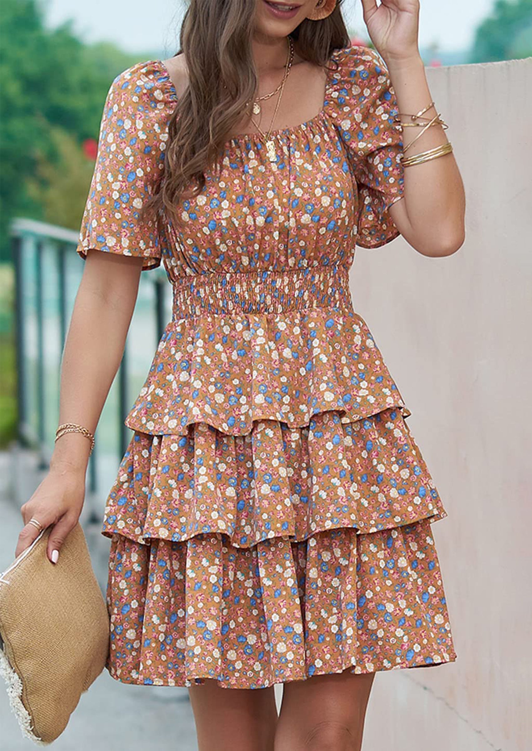 PRETTYGARDEN Women Floral Square Neck Short Sleeve Tiered Ruffle Boho Mini Dresses