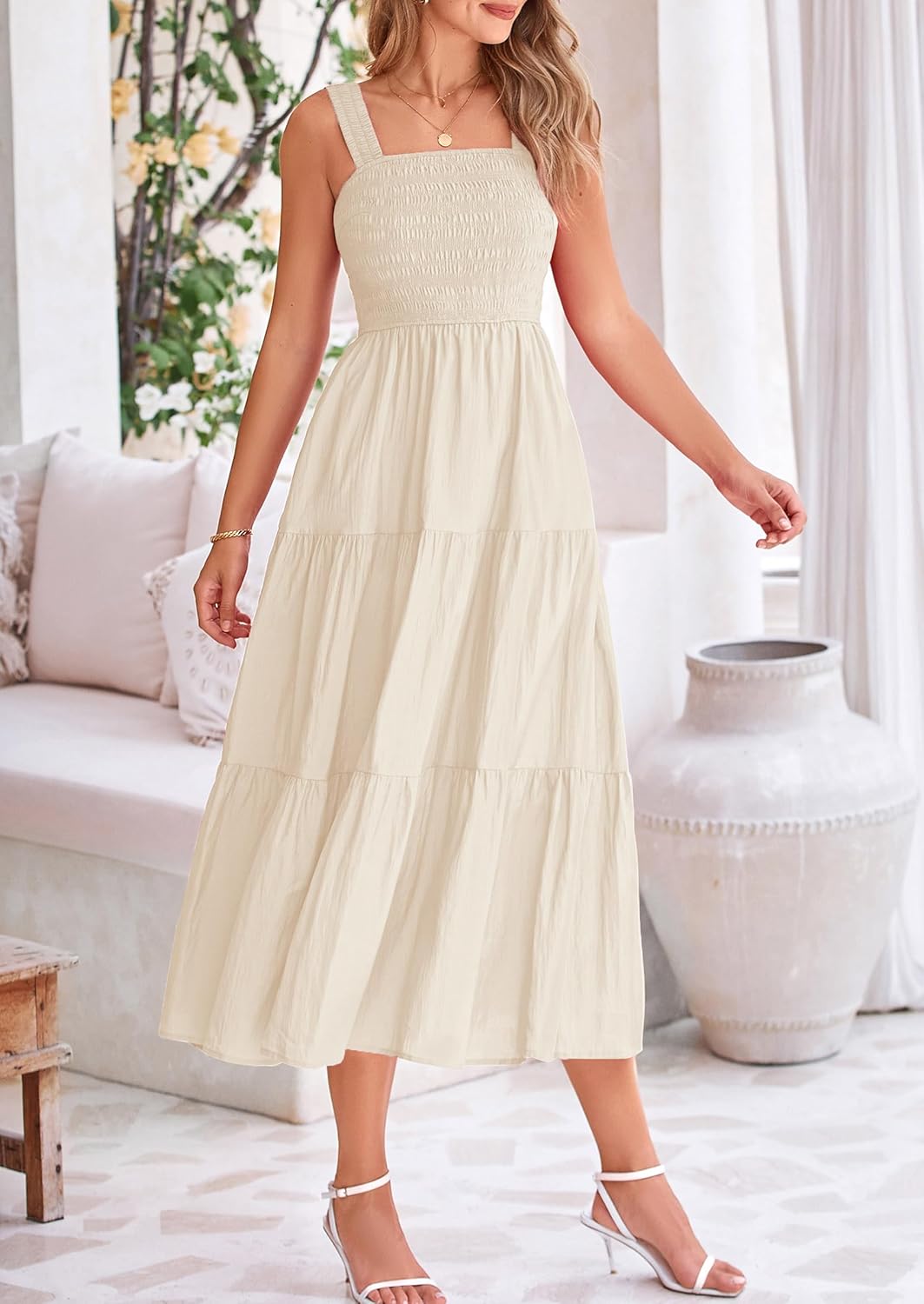 Womens Smocked Summer  Ruffle A Line Long Flowy Dresses Cute Sleeveless Beach Sundress Midi Dress