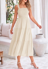 Womens Smocked Summer  Ruffle A Line Long Flowy Dresses Cute Sleeveless Beach Sundress Midi Dress