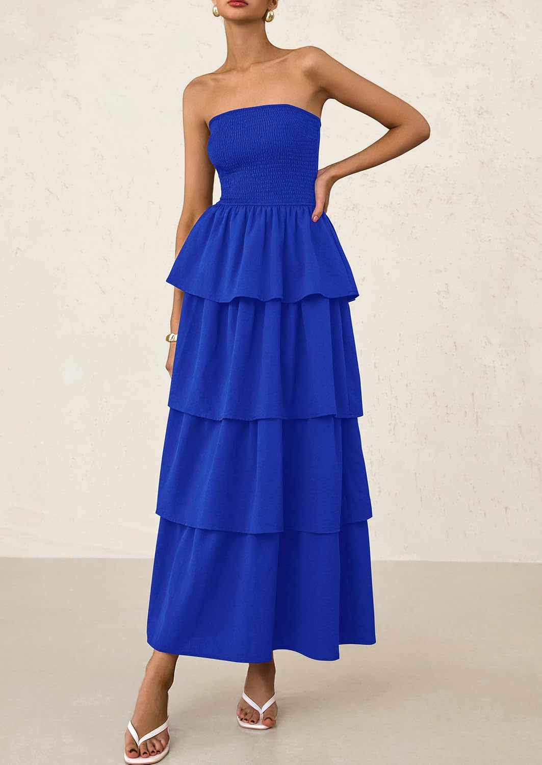 PRETTYGARDEN Maxi Dresses for Women Off Shoulder Smocked Tiered Ruffle Long Flowy Wedding Guest Dress