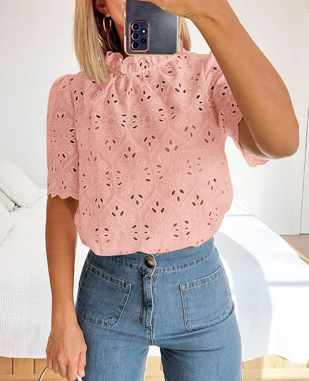 Summer Tops for Women Trendy Short Sleeve Eyelet Embroidered Dressy Casual Blouse Shirts