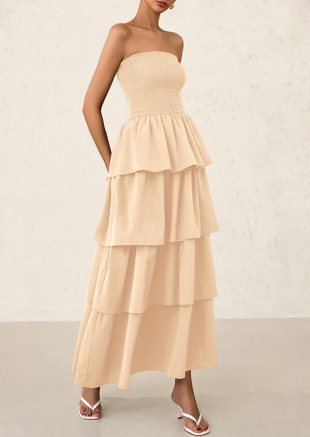 PRETTYGARDEN Maxi Dresses for Women Off Shoulder Smocked Tiered Ruffle Long Flowy Wedding Guest Dress