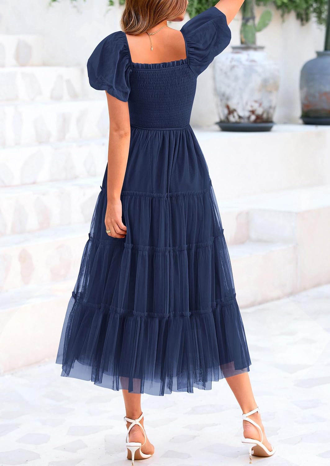 Women's Smocked Midi Tulle Dress 2025 Summer Puffy Short Sleeve Square Neck Ruffle Wedding Guest Party Dresses