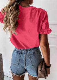 PRETTYGARDEN Women's Short Sleeve Casual T Shirts Summer Ruffle Plain Round Neck Loose Fit Tee Blouse Tops