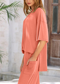 PRETTYGARDEN Women's 2 Piece Outfits Casual Short Sleeve Pullover Tops and Wide Leg Pants Lounge Sets Tracksuits