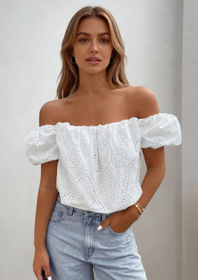 PRETTYGARDEN Women's Summer Off The Shoulder Tops Dressy Casual Puff Short Sleeve Embroidered Eyelet Cute Blouse Shirts PRETTYGARDEN