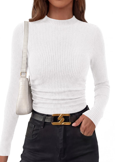 PRETTYGARDEN Womens Tops Fall Long Sleeve Going Out Shirts Ribbed Knit Mock Neck T-Shirt Fitted Ruched Y2K Crop Top