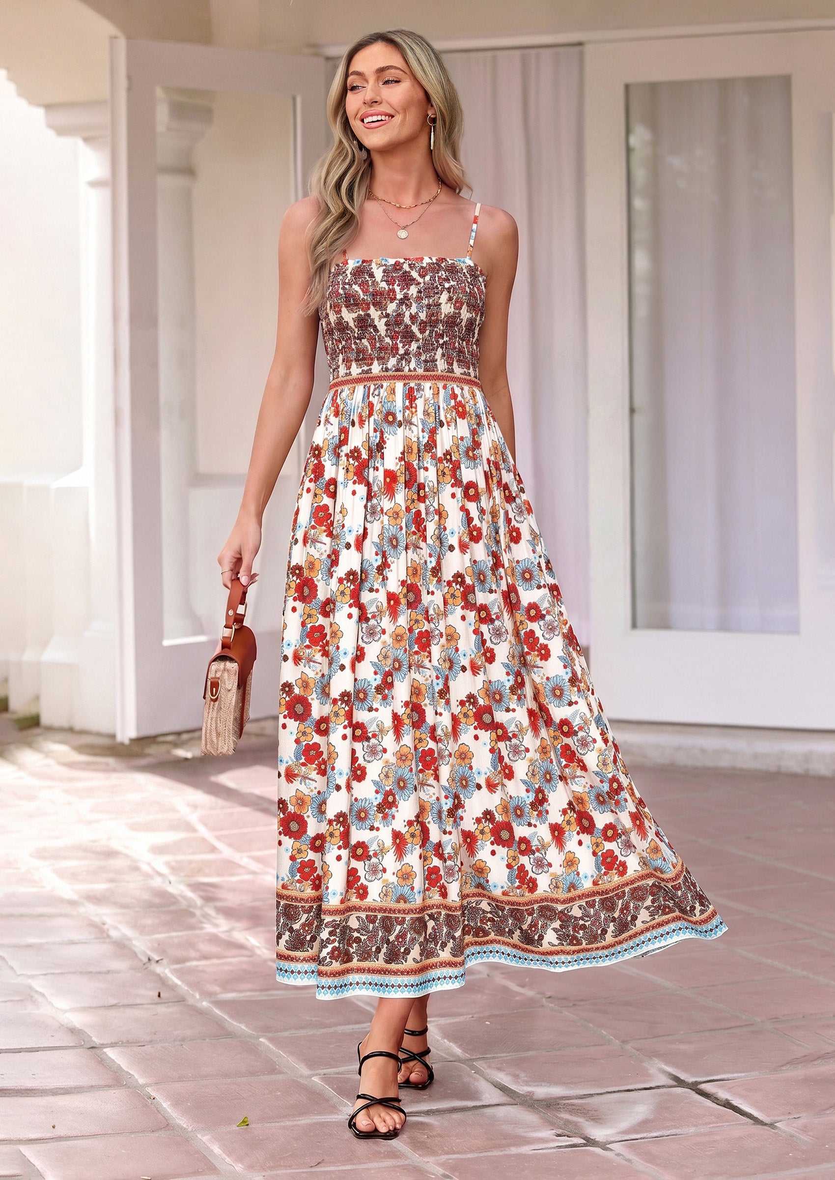 PRETTYGARDEN Womens Floral Maxi Dress Boho Casual Summer Spaghetti Strap Smocked Sleeveless Flowy Beach Vacation Dresses