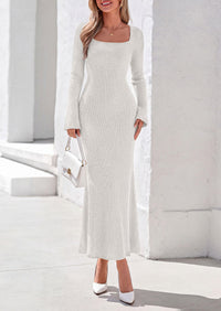 PRETTYGARDEN Women's Fall Long Sleeve Maxi Bodycon Dresses | Soft Stretchy Ribbed Knit, Bell Sleeve Square Neck Mermaid, Elegant Long Dress, Wedding Guest Party, 2026 Winter Clothing