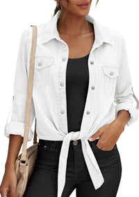 PRETTYGARDEN Womens Denim Shirts Collared Long Sleeve Button Down Shirt Women Tie Front Cardigans Summer Crop Tops Blouses