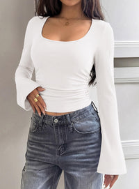 PRETTYGARDEN Womens Long Bell Sleeve Going Out Tops Fall Fashion 2026 Square Neck Ruched Ribbed Shirts Winter Y2K Clothes