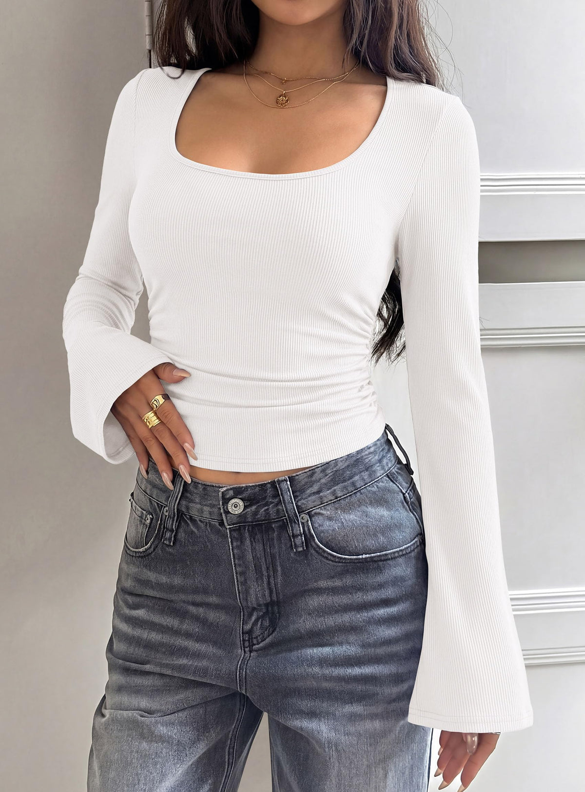PRETTYGARDEN Womens Long Bell Sleeve Going Out Tops Fall Fashion 2026 Square Neck Ruched Ribbed Shirts Winter Y2K Clothes