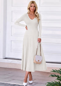 PRETTYGARDEN Women's Fall V Neck Pleated Midi Sweater Dress  Stretchy Ribbed Knit,Long Sleeve,A Line Flowy Skirt,Elegant Long Dresses for Wedding Guest,Work Office,Winter Party Outfits