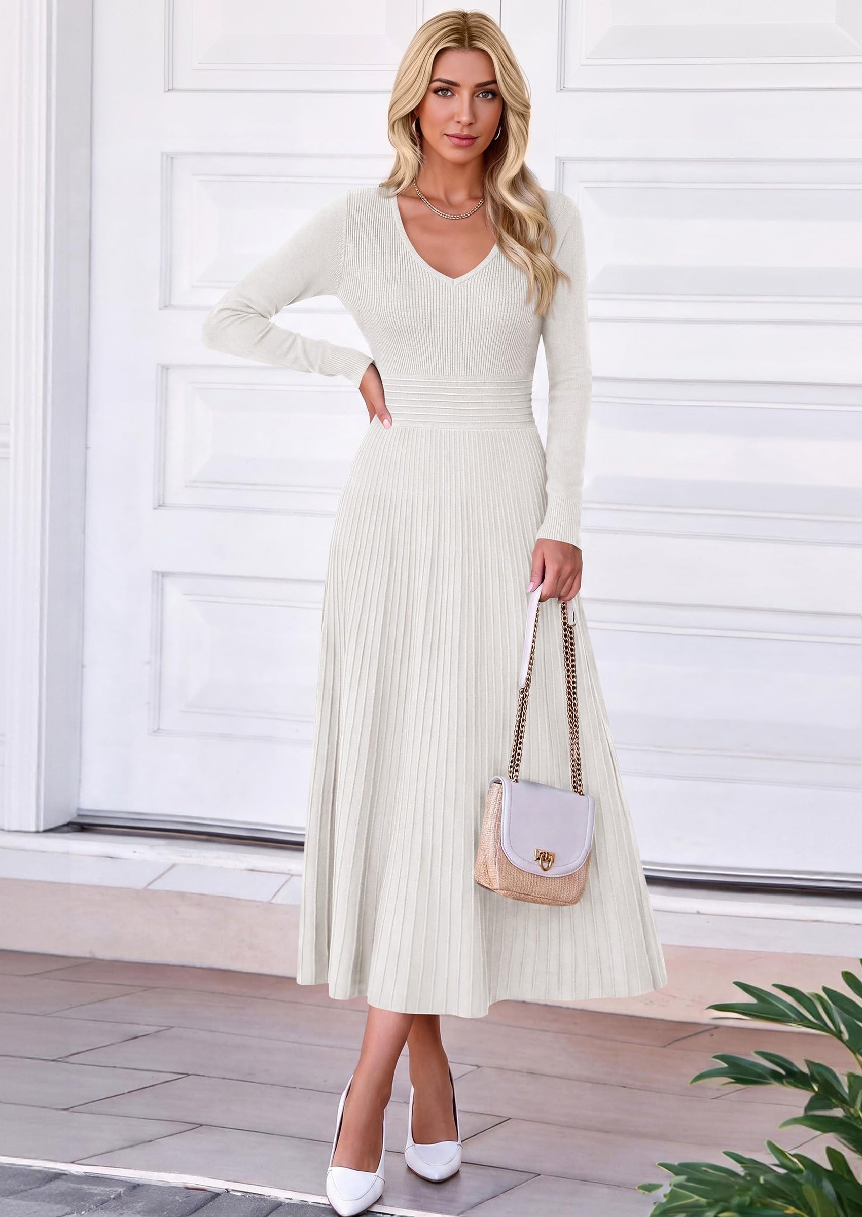 PRETTYGARDEN Women's Fall V Neck Pleated Midi Sweater Dress  Stretchy Ribbed Knit,Long Sleeve,A Line Flowy Skirt,Elegant Long Dresses for Wedding Guest,Work Office,Winter Party Outfits